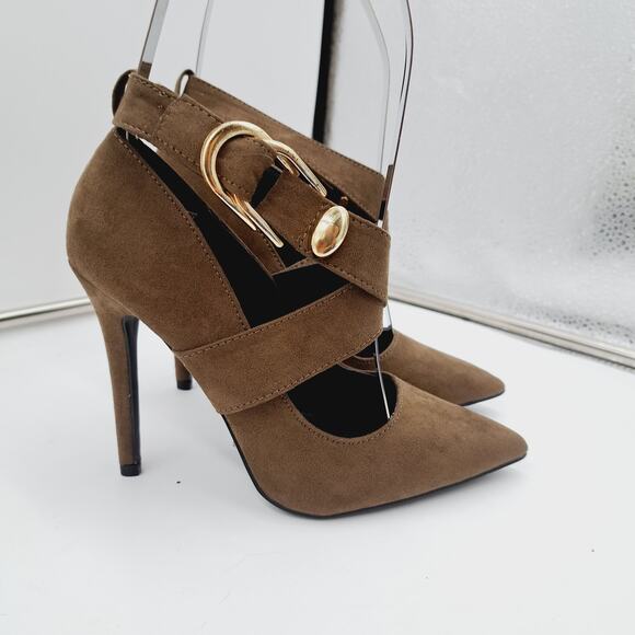 Qupid Khaki Green Cross Strap Goldtone Buckle Stilletto Heel Pointy Toe 5.5 - Picture 2 of 9